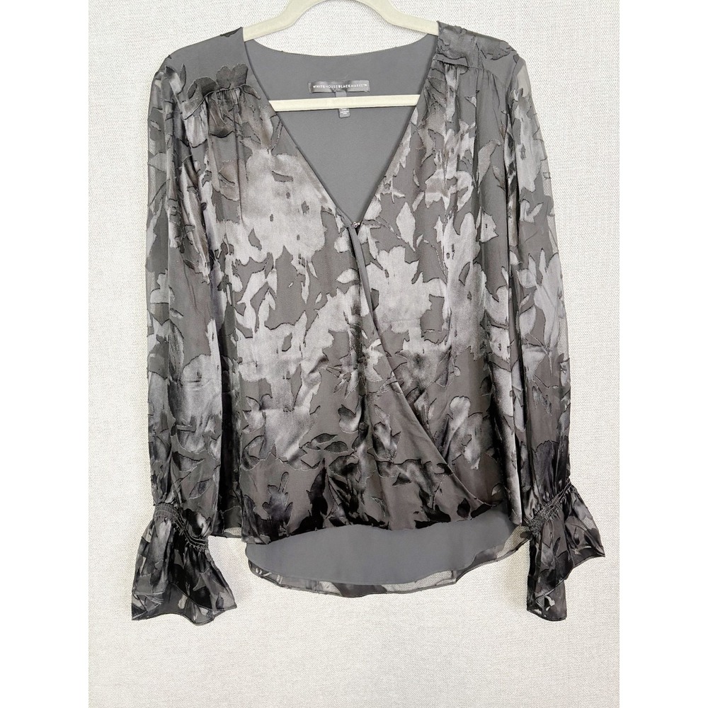 White House Black Market Top Women 12 Black Floral Bell Sleeve Wrap Silk Blend